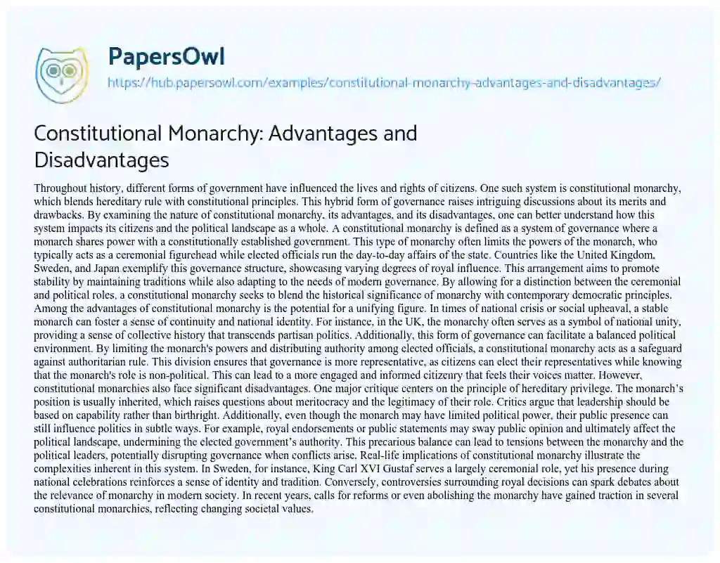 Essay on Constitutional Monarchy: Advantages and Disadvantages