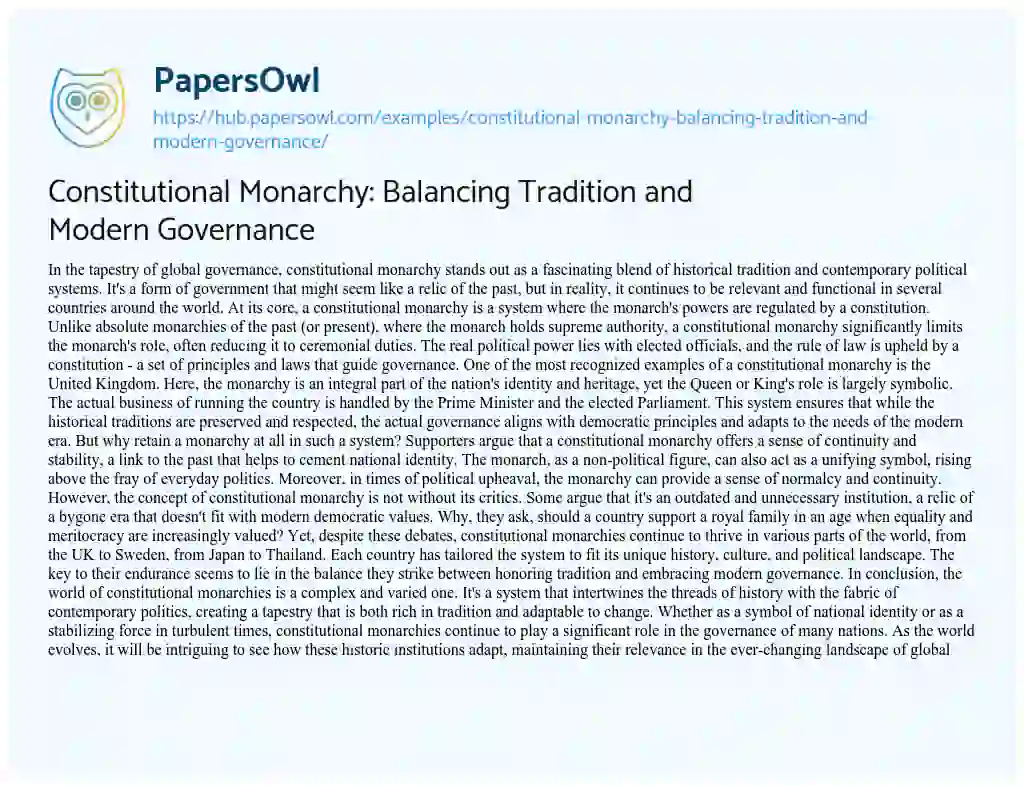 Essay on Constitutional Monarchy: Balancing Tradition and Modern Governance