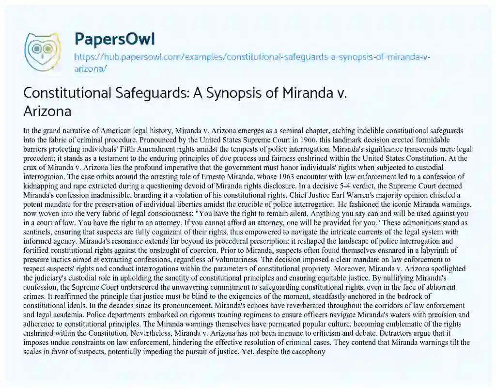Essay on Constitutional Safeguards: A Synopsis of Miranda v. Arizona