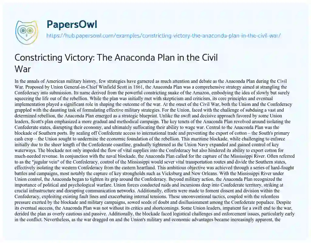 Essay on Constricting Victory: The Anaconda Plan in the Civil War