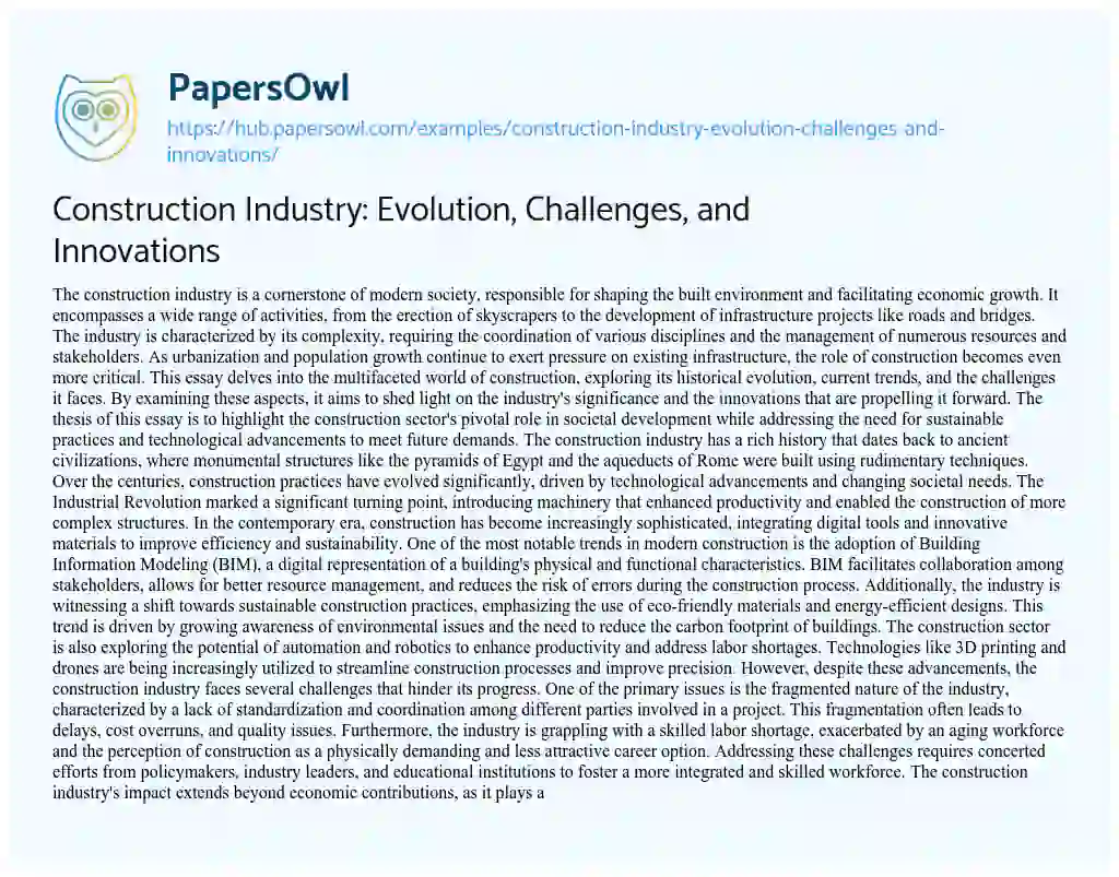 Essay on Construction Industry: Evolution, Challenges, and Innovations