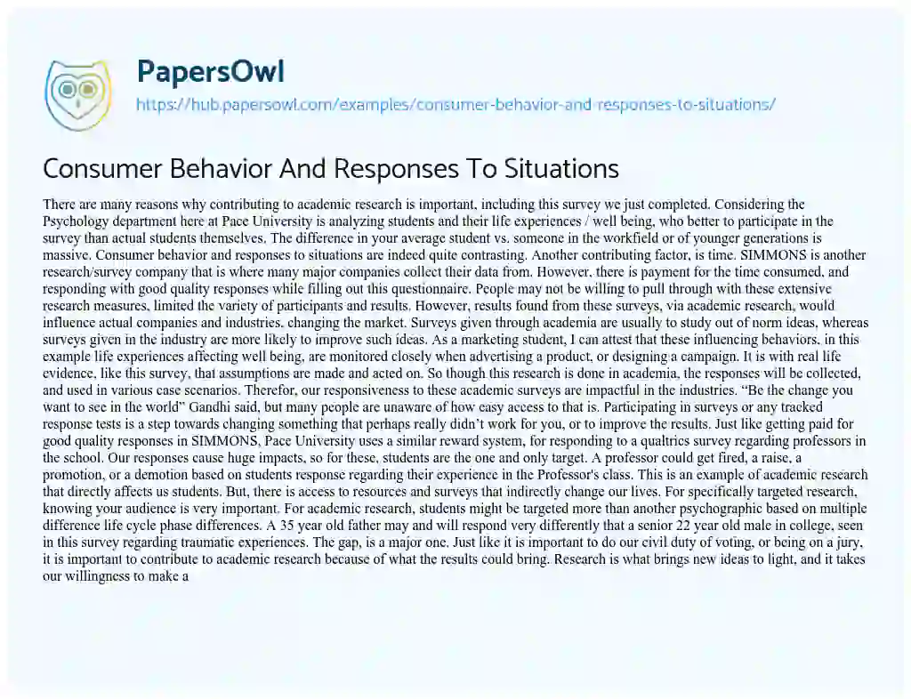 Essay on Consumer Behavior And Responses To Situations