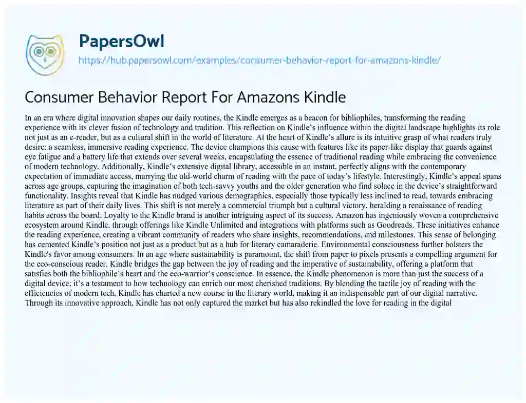 Essay on Consumer Behavior Report For Amazons Kindle