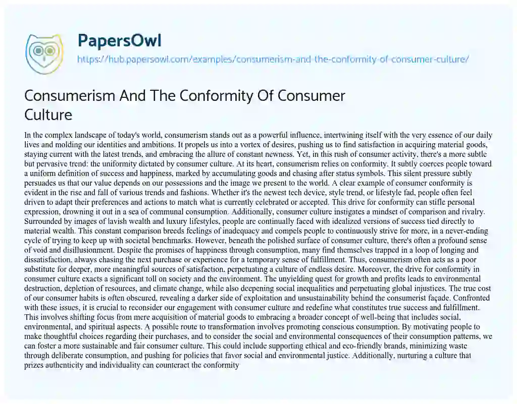 Essay on Consumerism And The Conformity Of Consumer Culture