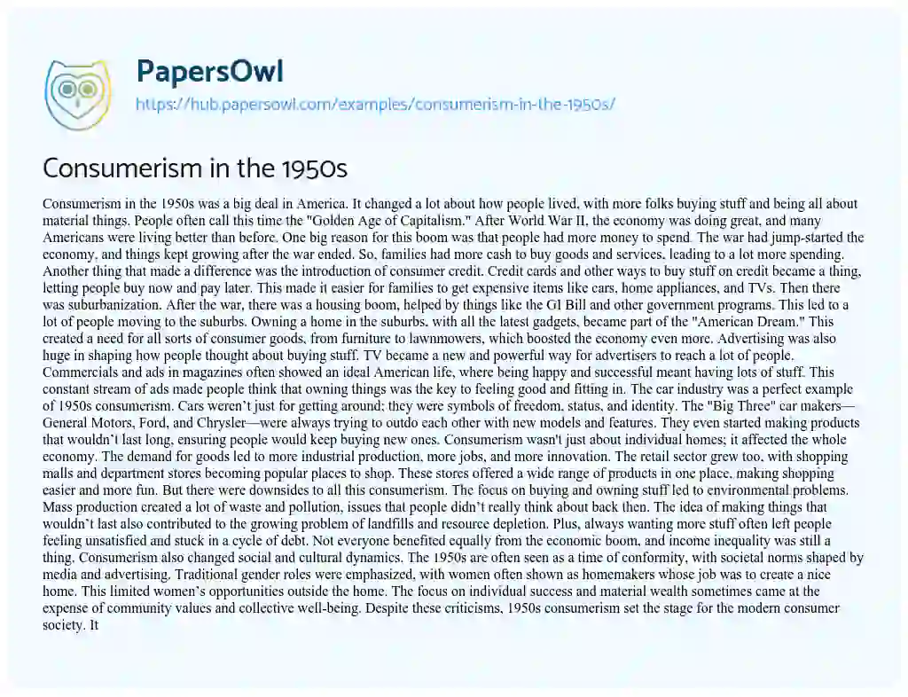 Essay on Consumerism in the 1950s