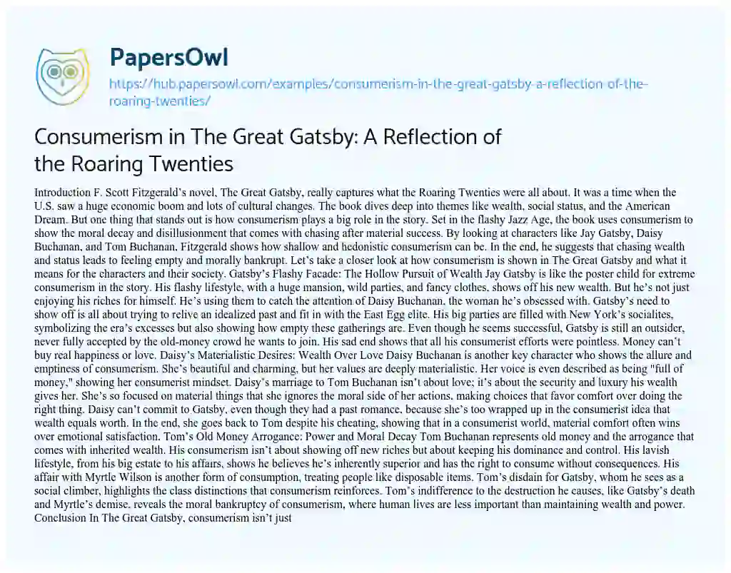 Essay on Consumerism in The Great Gatsby: A Reflection of the Roaring Twenties