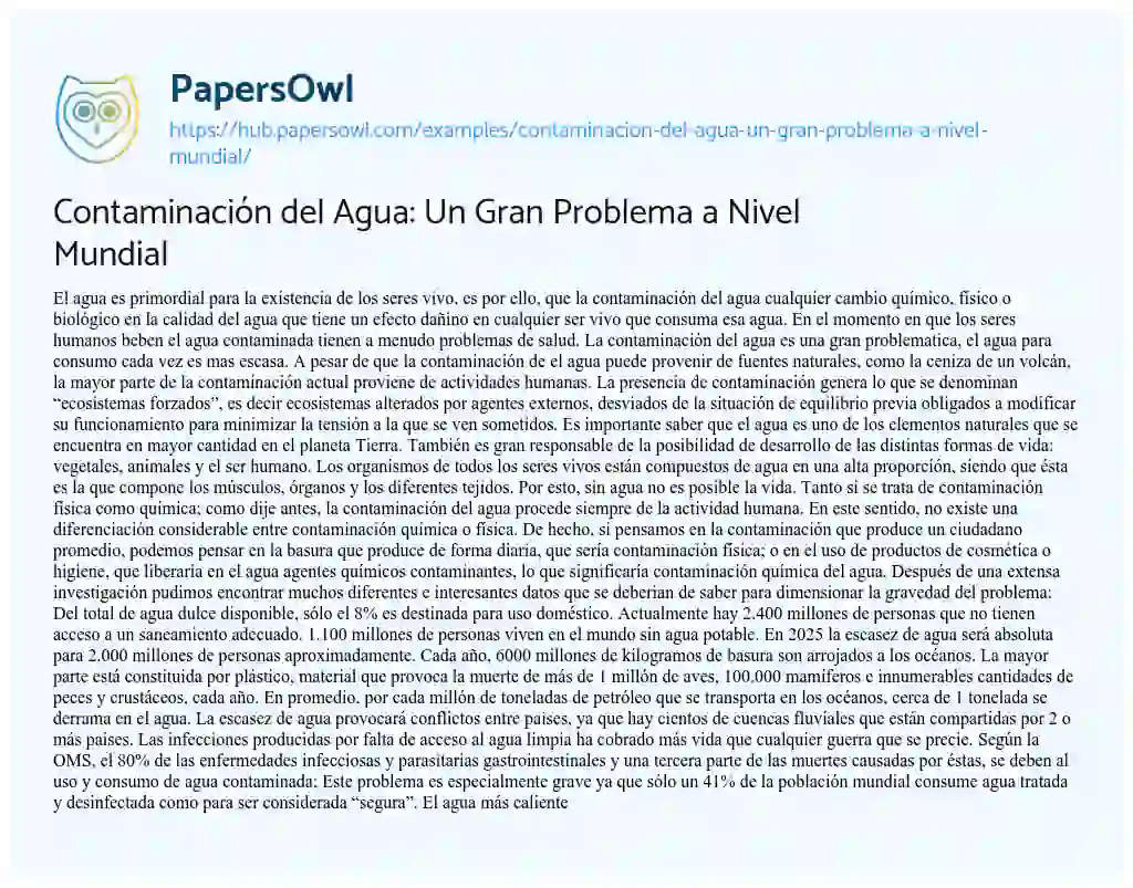 Essay on Contaminación del Agua: Un Gran Problema a Nivel Mundial