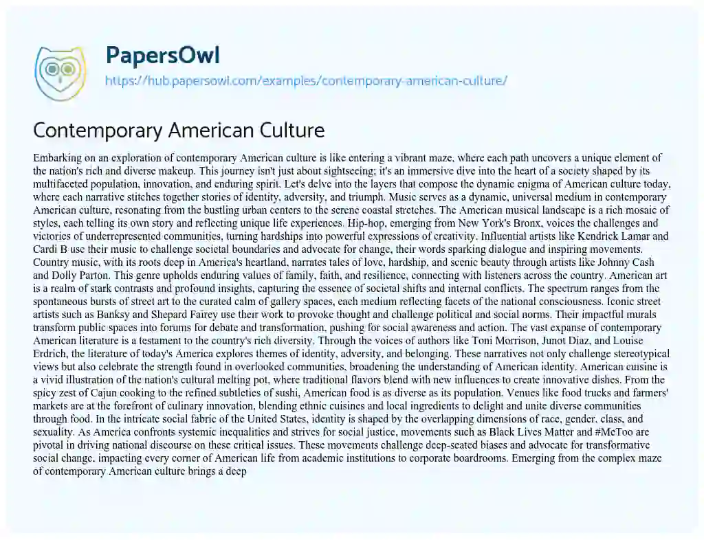 Essay on Contemporary American Culture