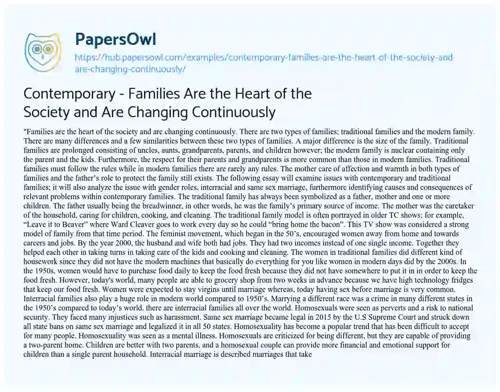 Essay on Contemporary – Families Are the Heart of the Society and Are Changing Continuously