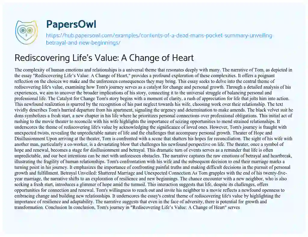 Essay on Rediscovering Life’s Value: A Change of Heart