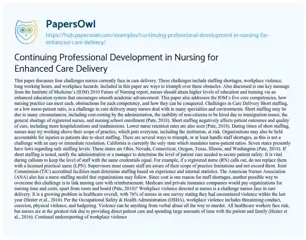 Essay on Continuing Professional Development in Nursing for Enhanced Care Delivery