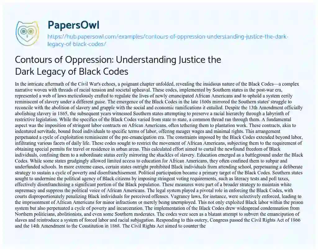 Essay on Contours of Oppression: Understanding Justice the Dark Legacy of Black Codes