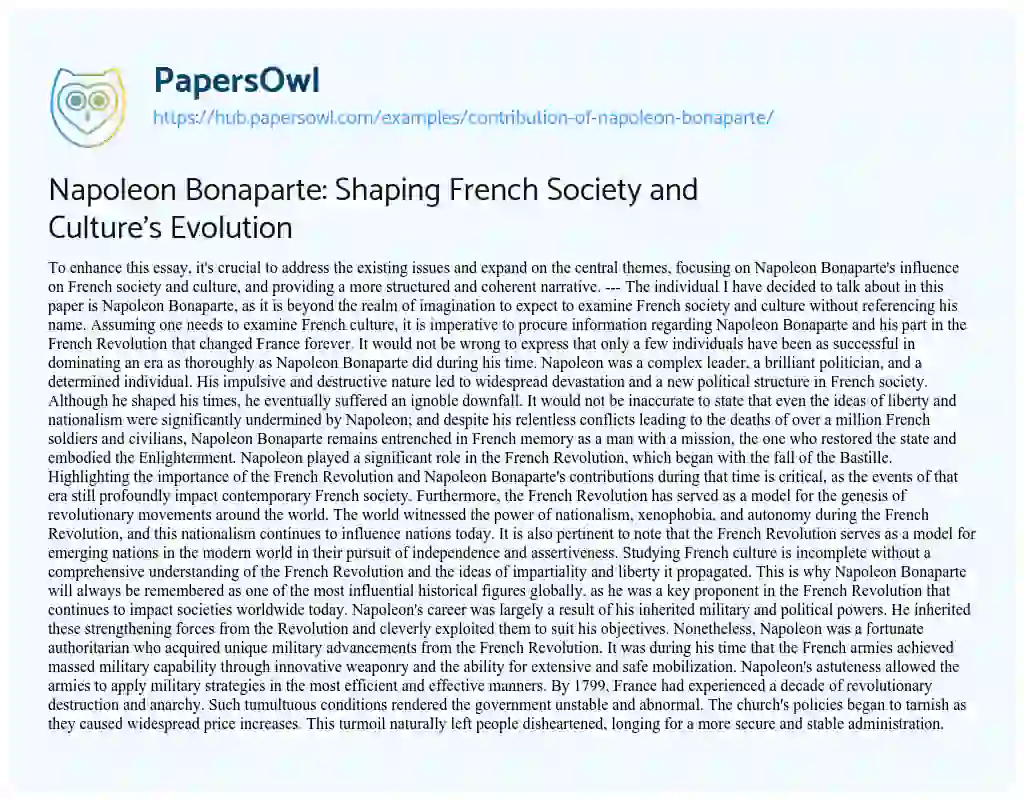 Essay on Napoleon Bonaparte: Shaping French Society and Culture’s Evolution