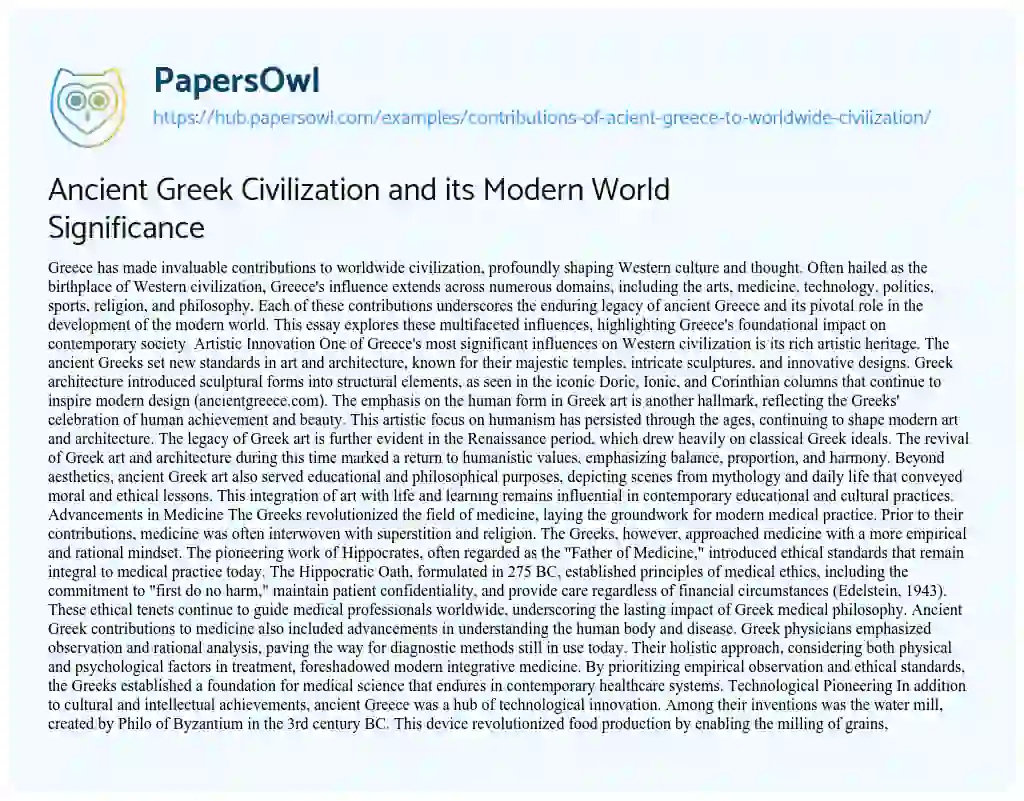 Essay on Ancient Greek Civilization and its Modern World Significance