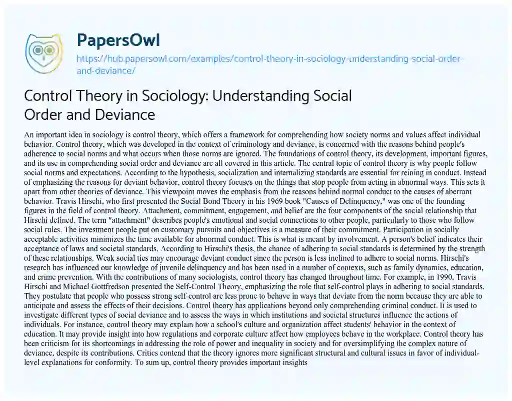 Essay on Control Theory in Sociology: Understanding Social Order and Deviance