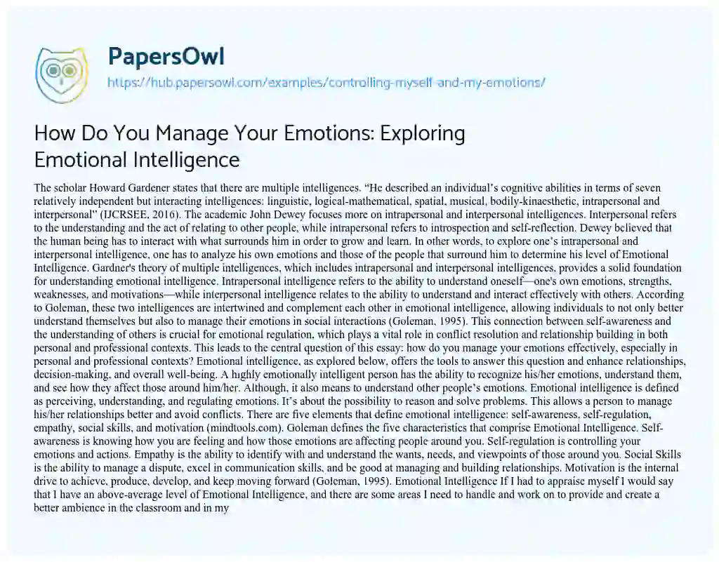 Essay on How Do You Manage Your Emotions: Exploring Emotional Intelligence