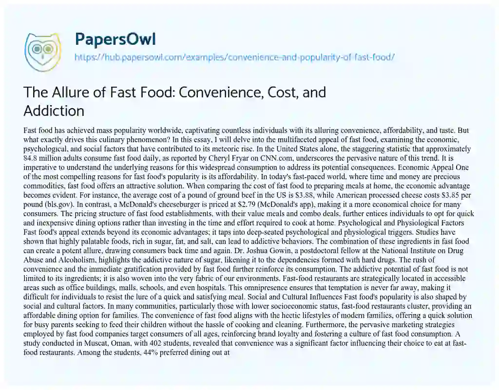 Essay on The Allure of Fast Food: Convenience, Cost, and Addiction