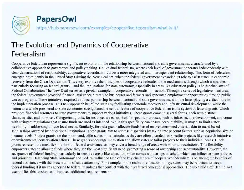 Essay on The Evolution and Dynamics of Cooperative Federalism
