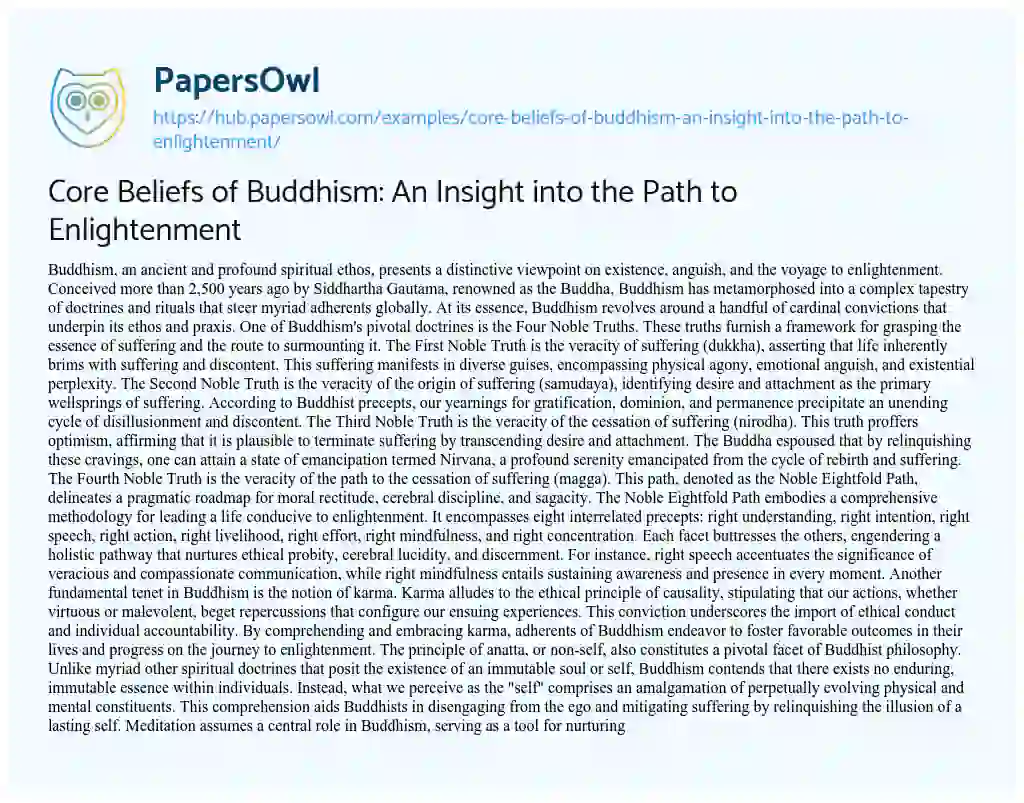Essay on Core Beliefs of Buddhism: An Insight into the Path to Enlightenment