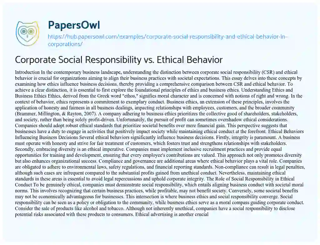Essay on Corporate Social Responsibility vs. Ethical Behavior