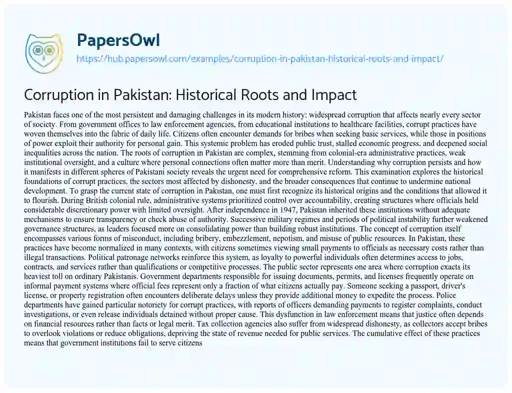 Essay on Corruption in Pakistan: Historical Roots and Impact