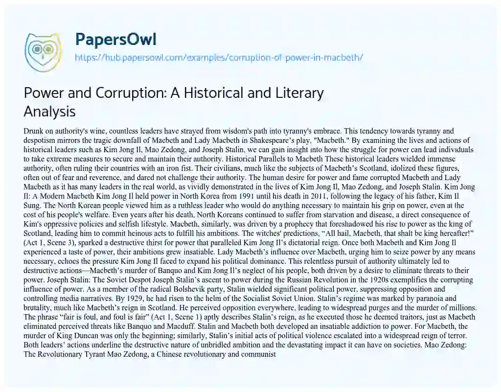 Essay on Power and Corruption: A Historical and Literary Analysis