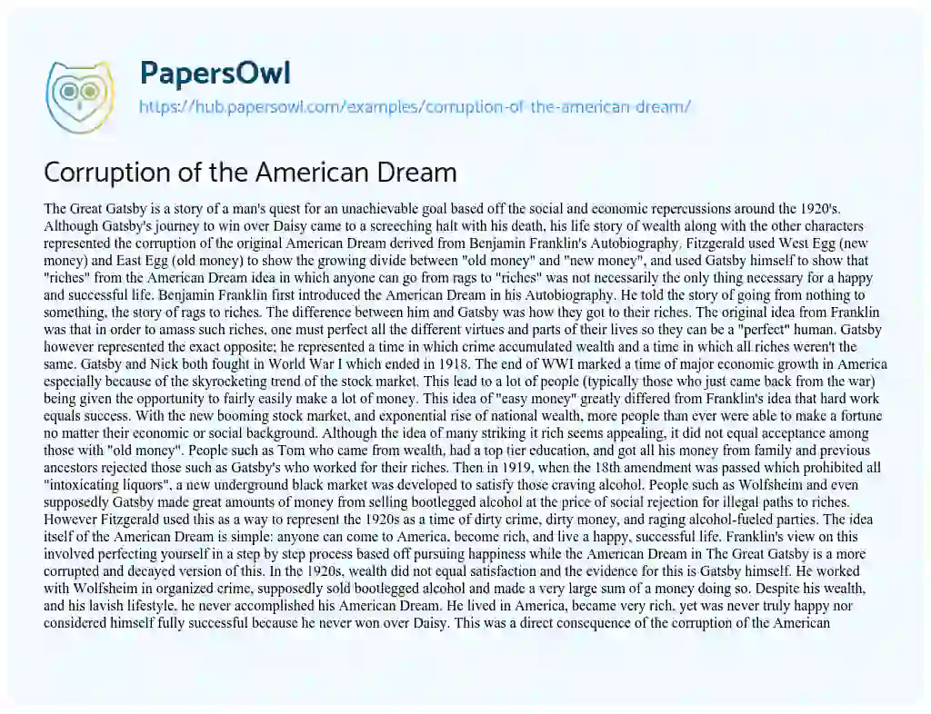 Essay on Corruption of the American Dream