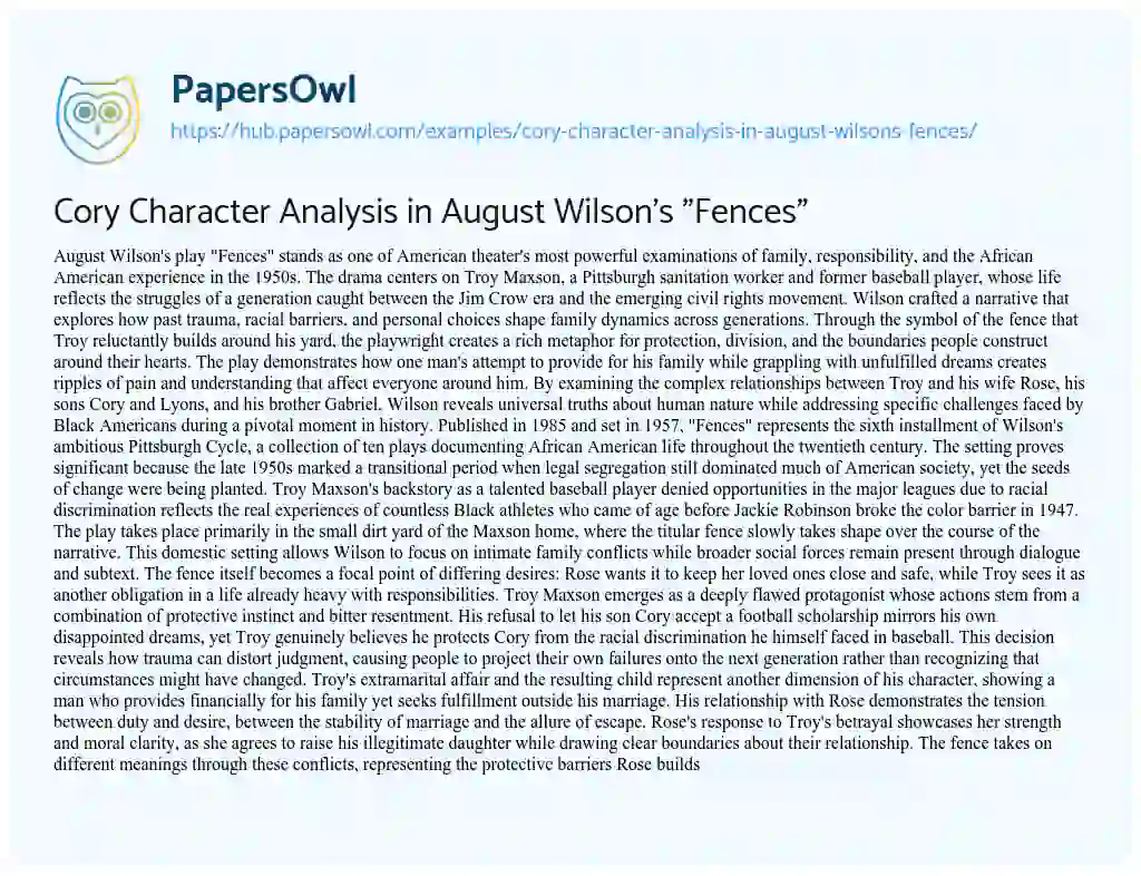 Essay on Cory Character Analysis in August Wilson’s “Fences”