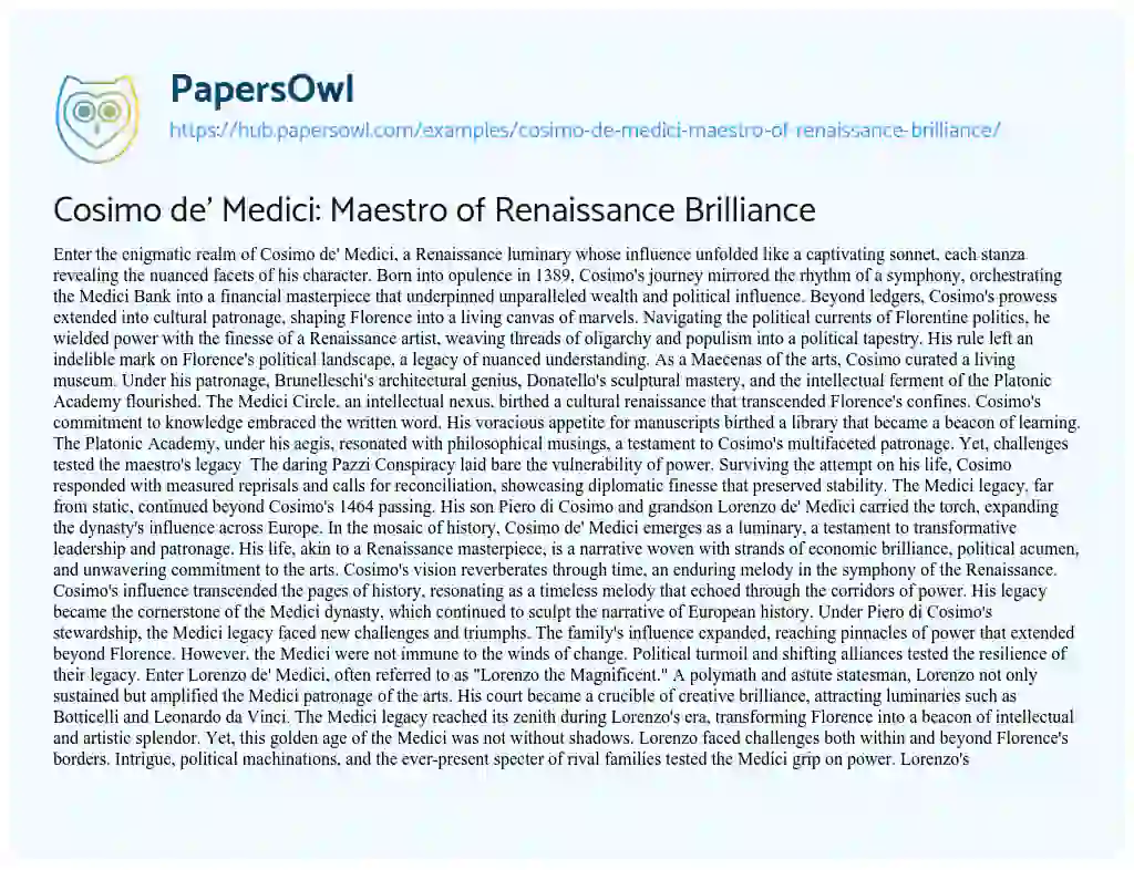 Essay on Cosimo de’ Medici: Maestro of Renaissance Brilliance