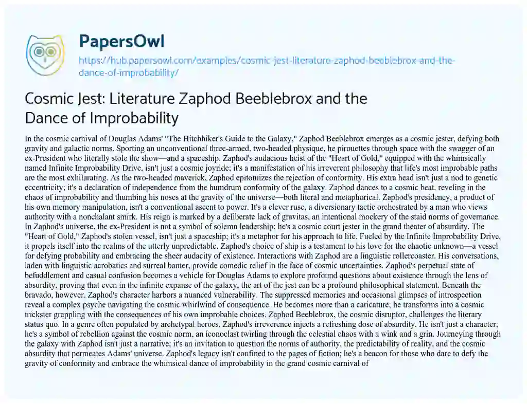 Essay on Cosmic Jest: Literature Zaphod Beeblebrox and the Dance of Improbability