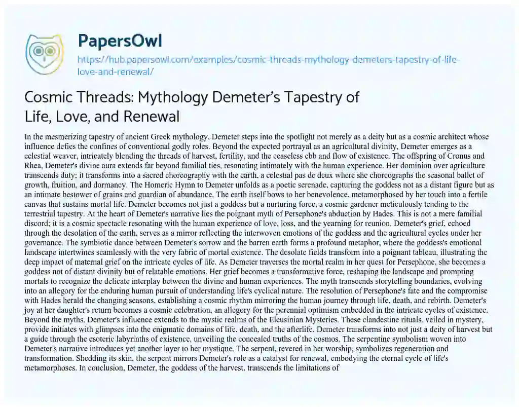 Essay on Cosmic Threads: Mythology Demeter’s Tapestry of Life, Love, and Renewal