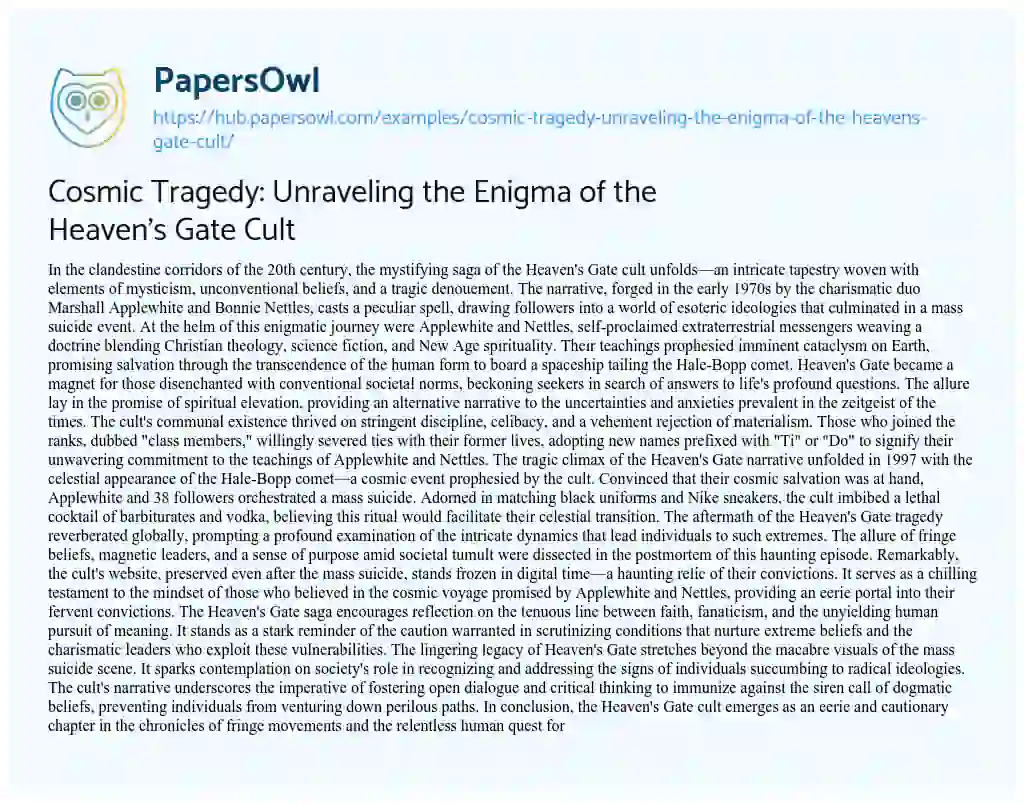 Essay on Cosmic Tragedy: Unraveling the Enigma of the Heaven’s Gate Cult
