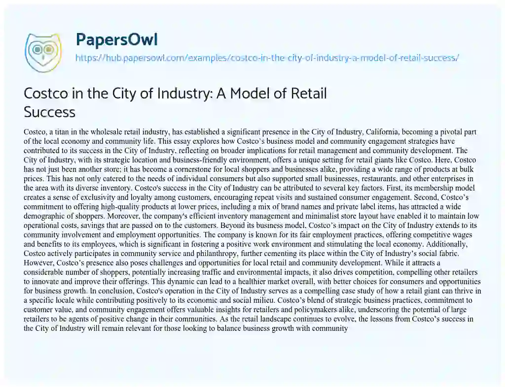 Essay on Costco in the City of Industry: A Model of Retail Success