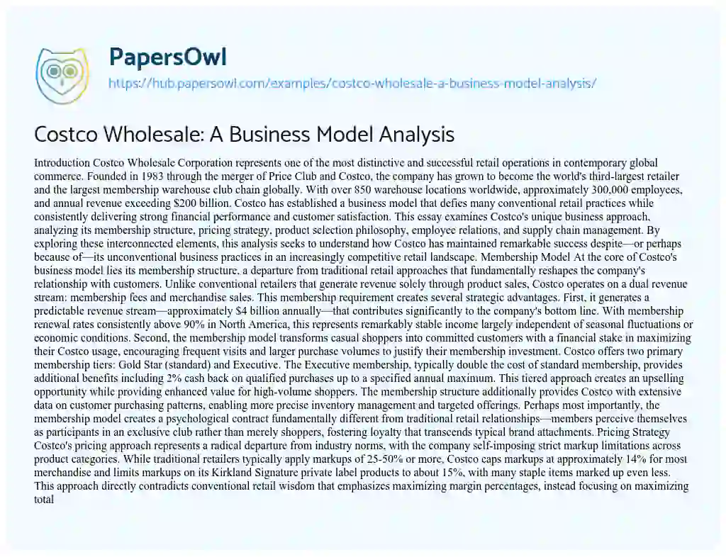Essay on Costco Wholesale: A Business Model Analysis