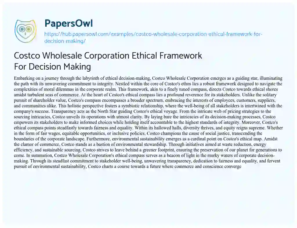 Essay on Costco Wholesale Corporation Ethical Framework For Decision Making