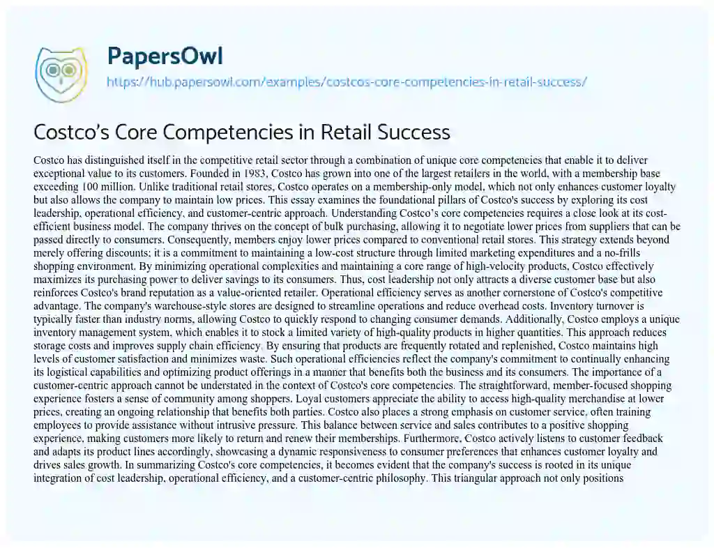 Essay on Costco’s Core Competencies in Retail Success