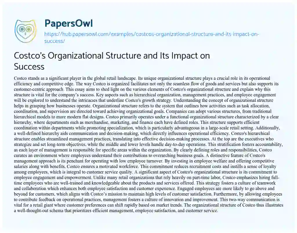 Essay on Costco’s Organizational Structure and Its Impact on Success