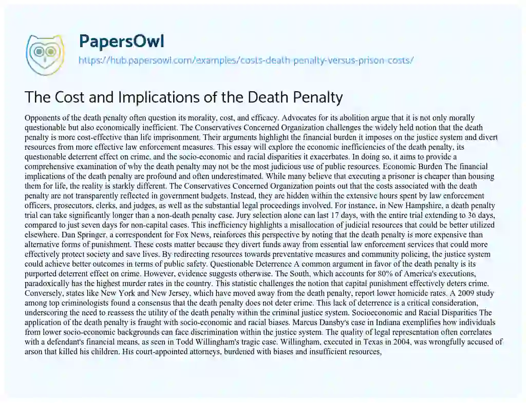 Essay on The Cost and Implications of the Death Penalty