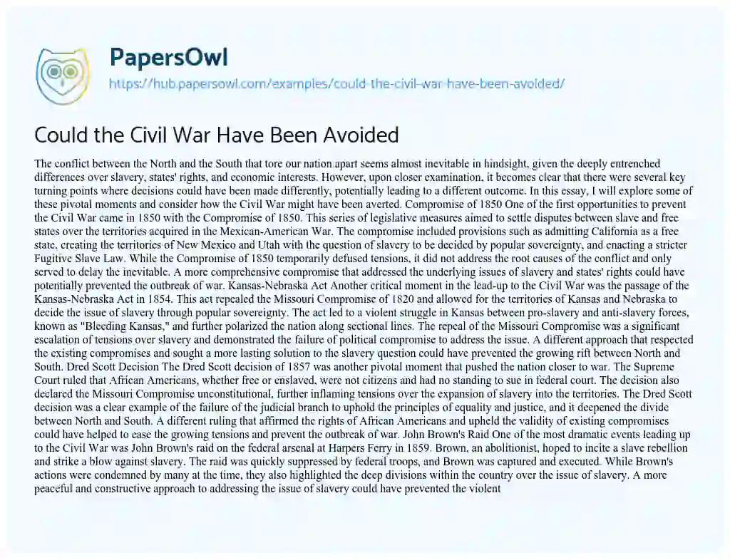Essay on Could the Civil War Have Been Avoided