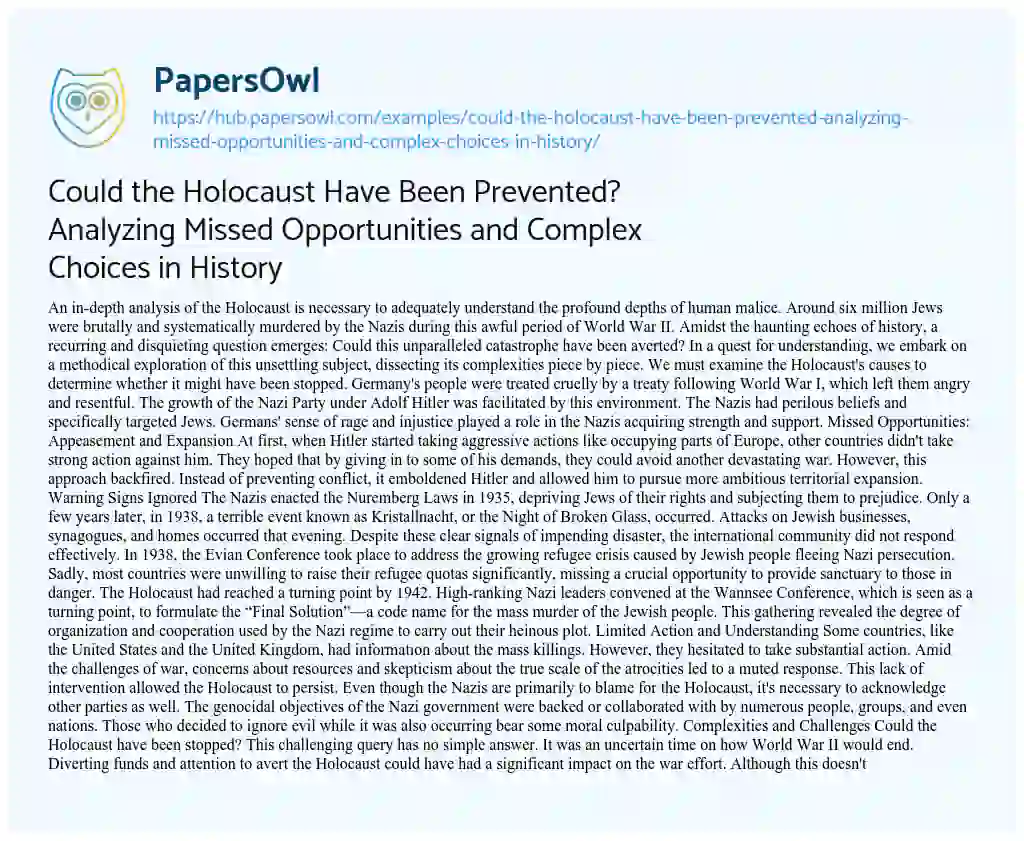 Essay on Could the Holocaust Have Been Prevented? Analyzing Missed Opportunities and Complex Choices in History