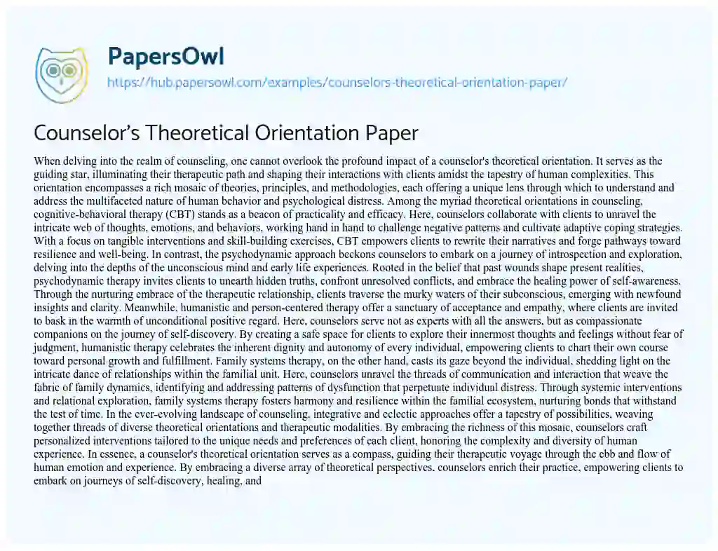 Essay on Counselor’s Theoretical Orientation Paper
