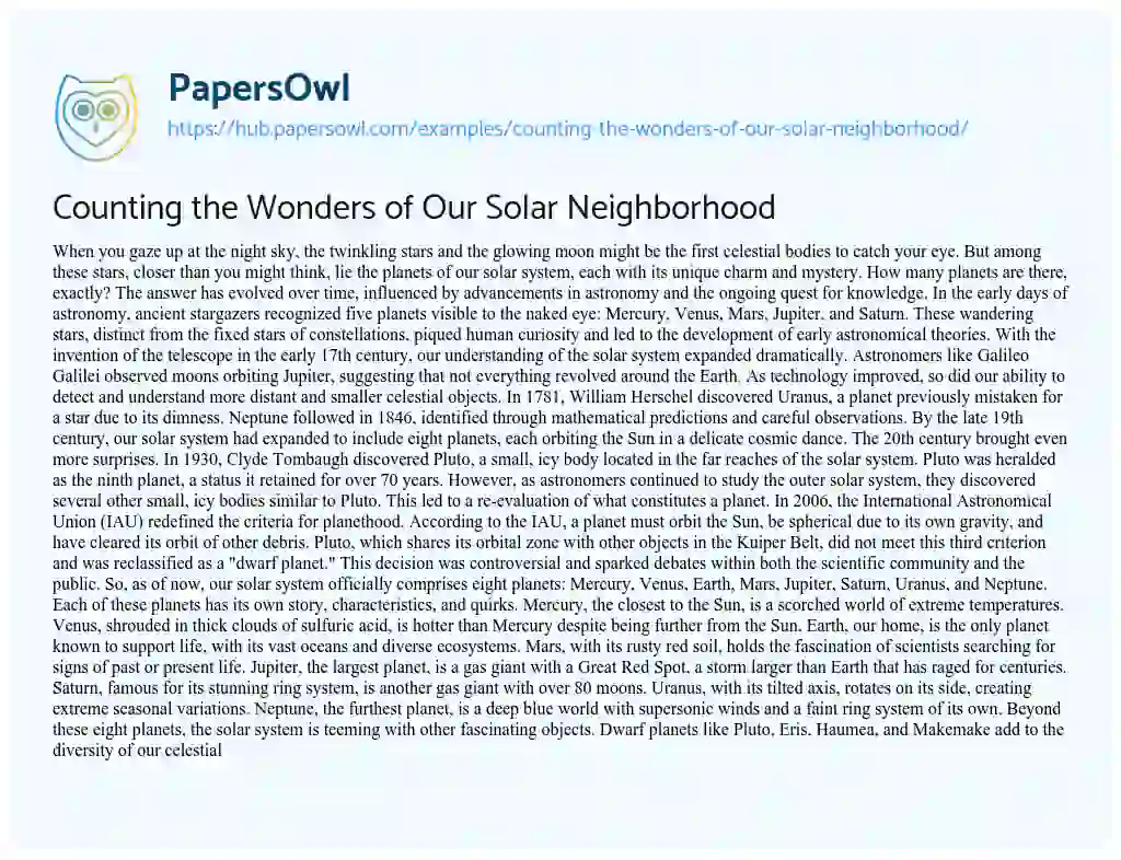 Essay on Counting the Wonders of Our Solar Neighborhood