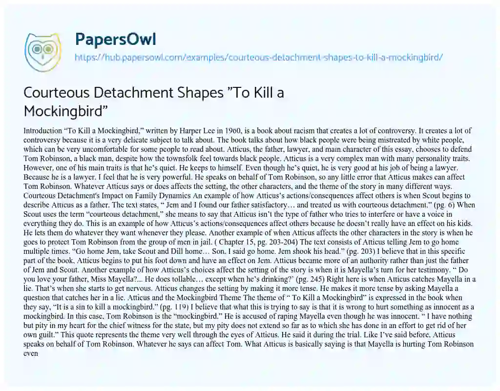 Essay on Courteous Detachment Shapes “To Kill a Mockingbird”