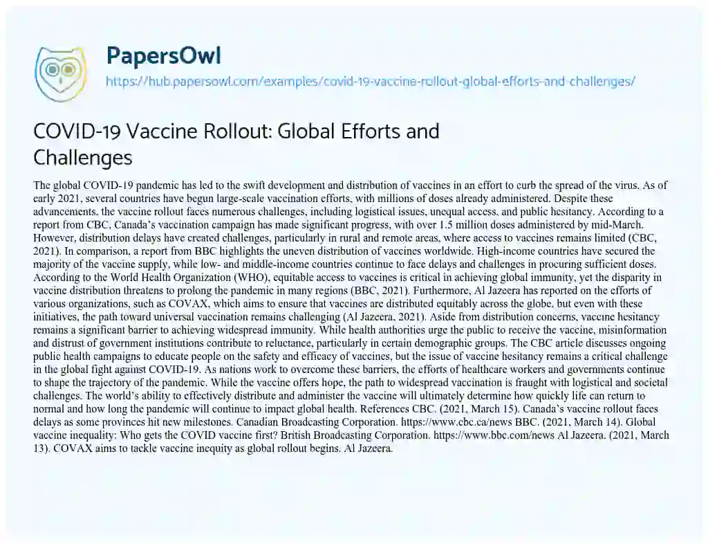 Essay on COVID-19 Vaccine Rollout: Global Efforts and Challenges
