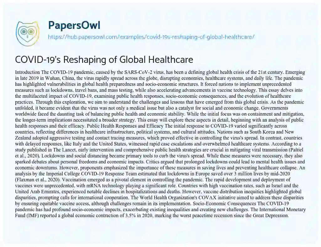 Essay on COVID-19’s Reshaping of Global Healthcare