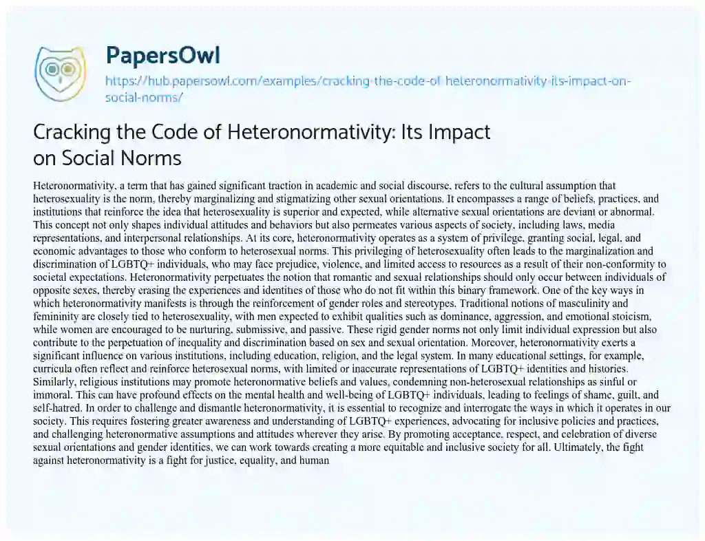 Essay on Cracking the Code of Heteronormativity: Its Impact on Social Norms