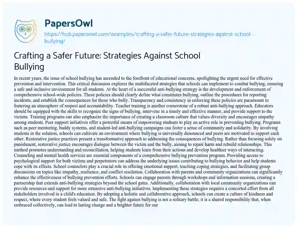 Essay on Crafting a Safer Future: Strategies Against School Bullying