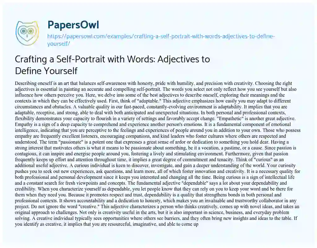 Essay on Crafting a Self-Portrait with Words: Adjectives to Define Yourself