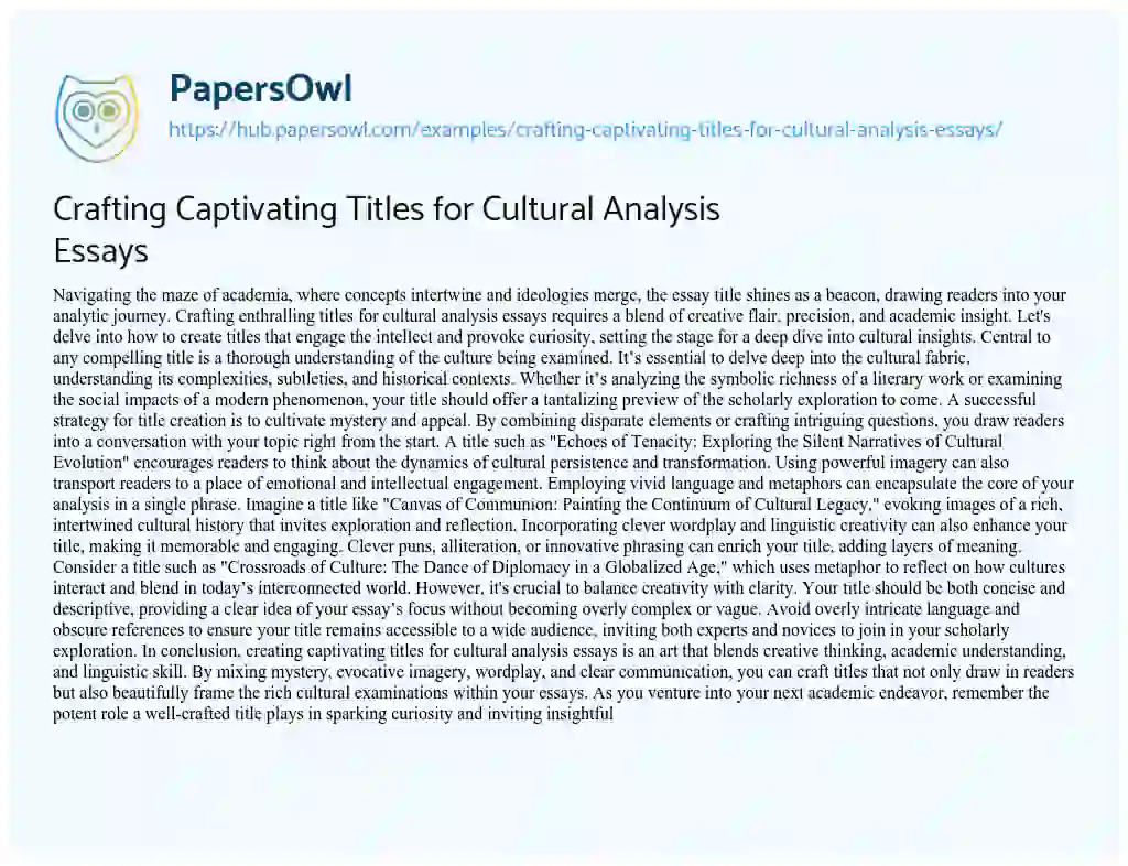 Essay on Crafting Captivating Titles for Cultural Analysis Essays