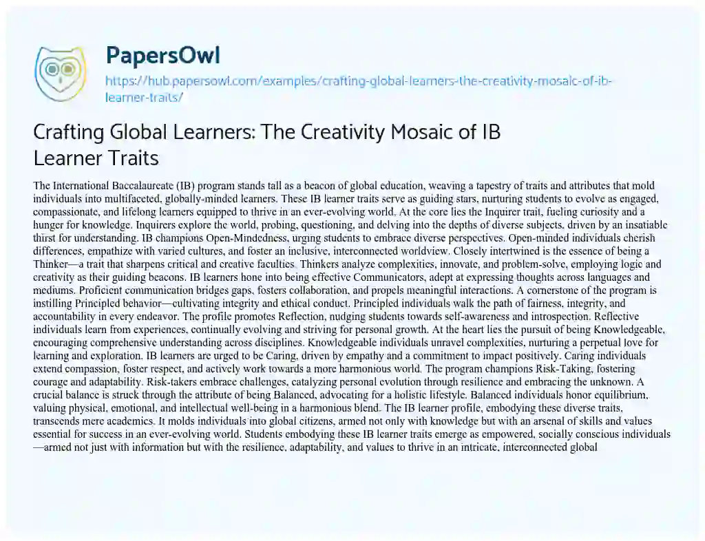 Essay on Crafting Global Learners: The Creativity Mosaic of IB Learner Traits